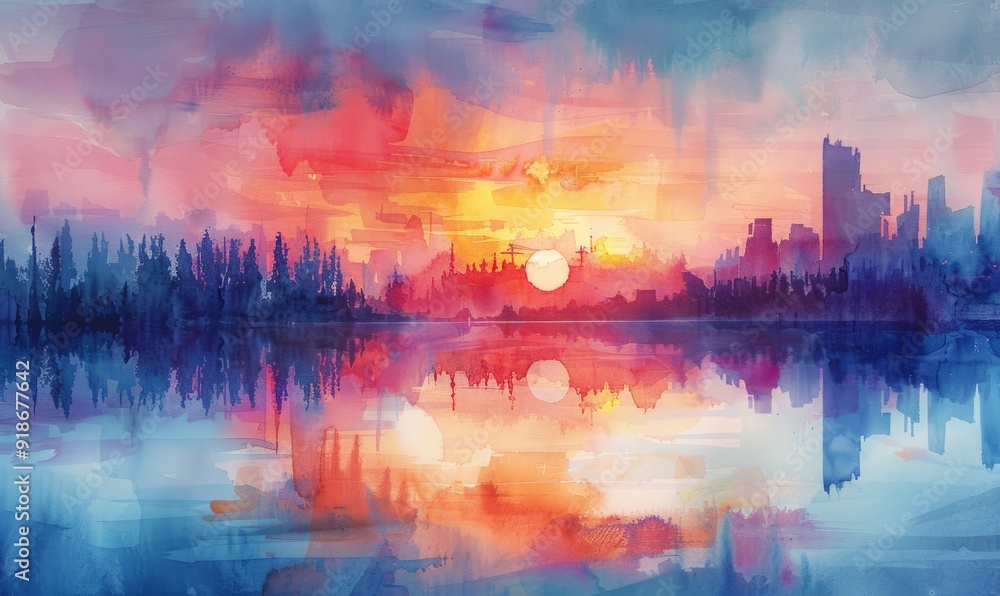 A painting of a sunset with a city in the background A painting of a sunset with a city in the background