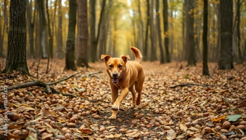 Dog Walking Through Autumn Forest.