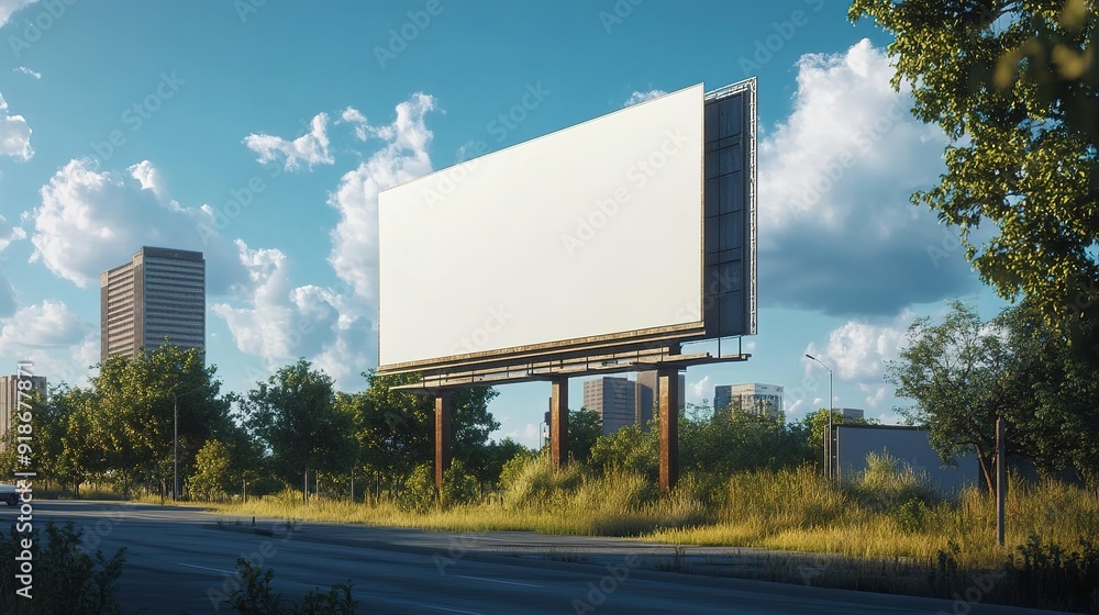 Fototapeta premium Blank Billboard on a Roadside with Trees and City Buildings in Background