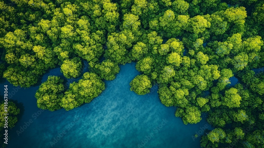 Naklejka premium A bird's-eye view of a lush green mangrove forest surrounding a calm, teal-colored body of water.