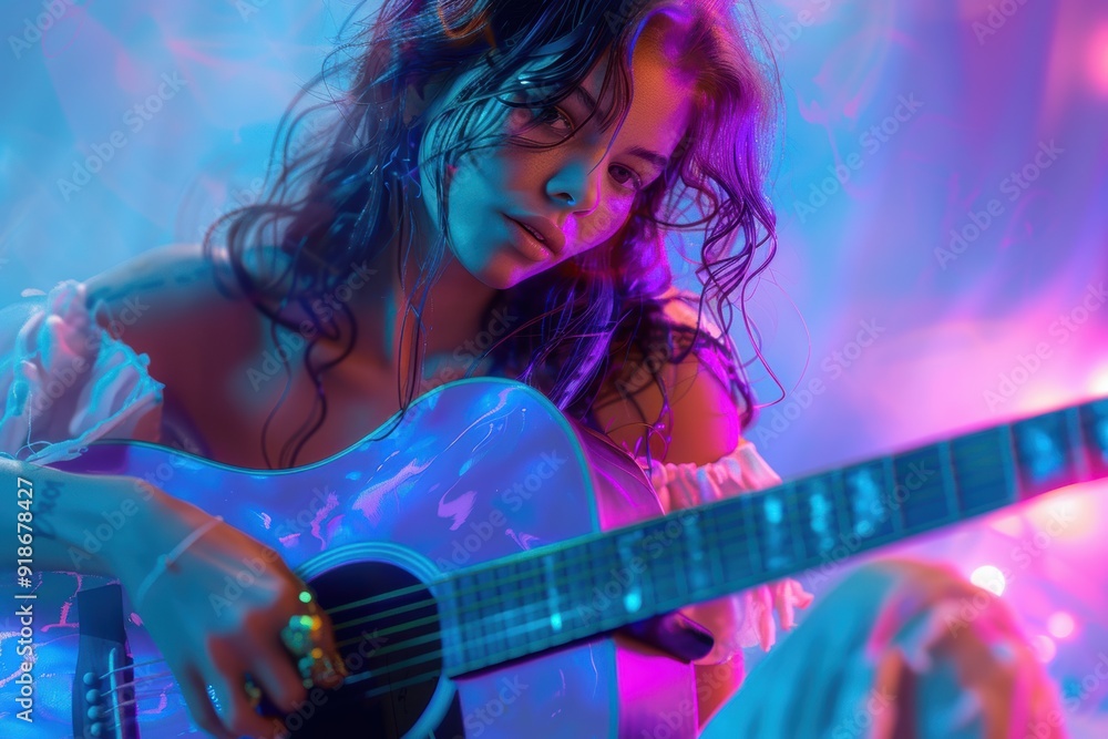 Obraz premium A Symphony of Light: A Young Woman Strums Her Guitar