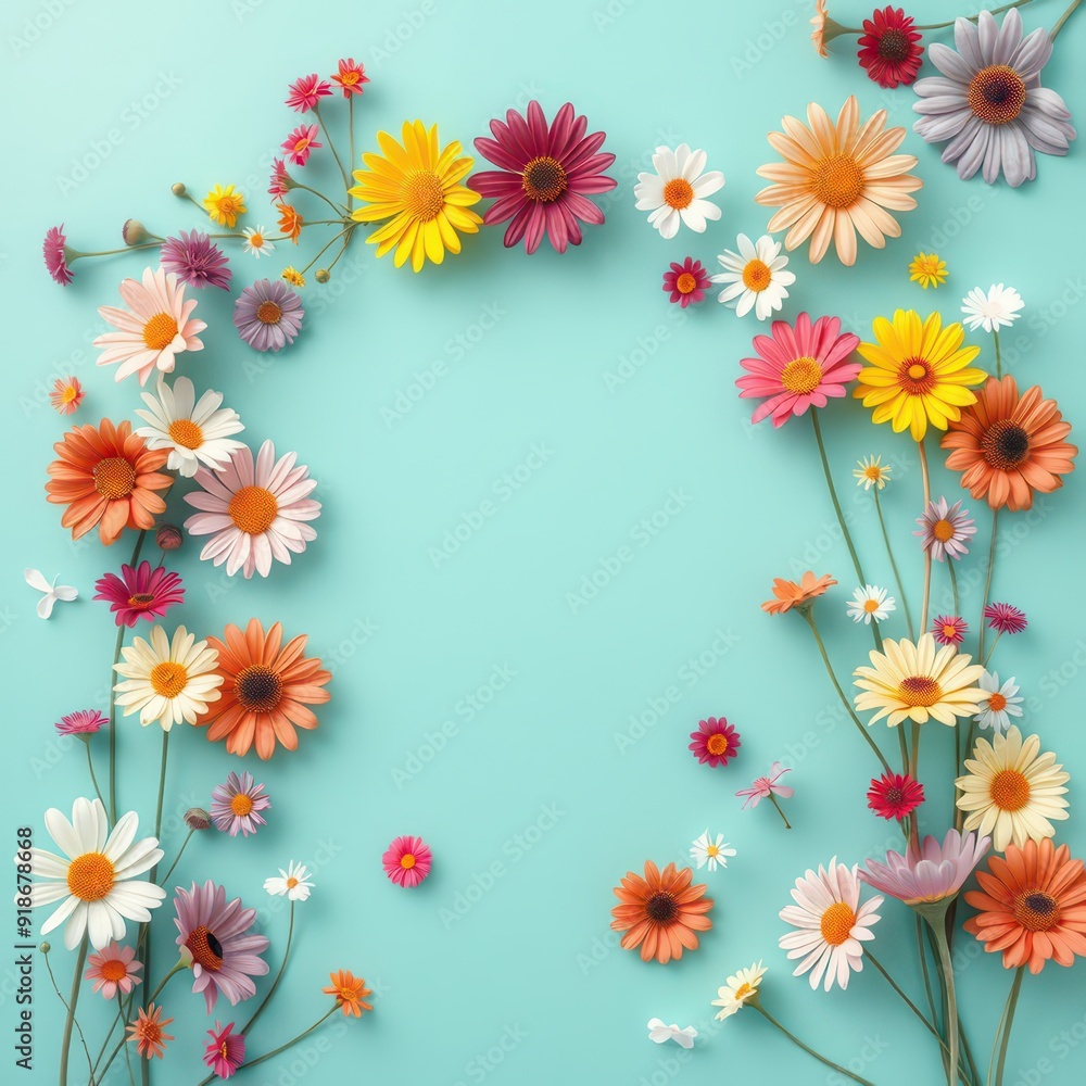 Colorful Flowers Frame on Turquoise Background. Colorful Flowers Frame on Turquoise Background.