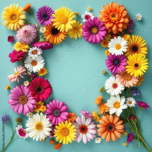 Colorful Flower Wreath on Blue Background.