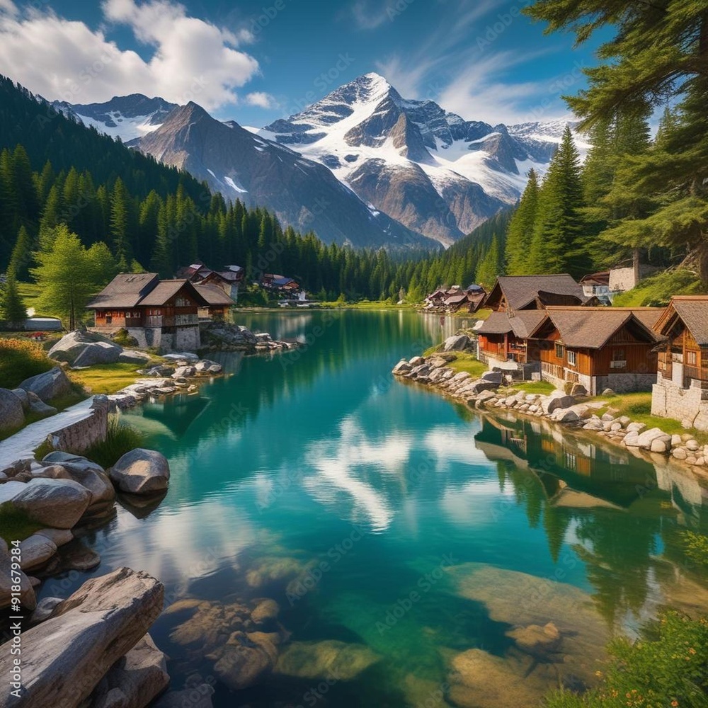 Naklejka premium A Picturesque Mountain Scene With A Charming Alpine A Clear Blue And Landscape Travel