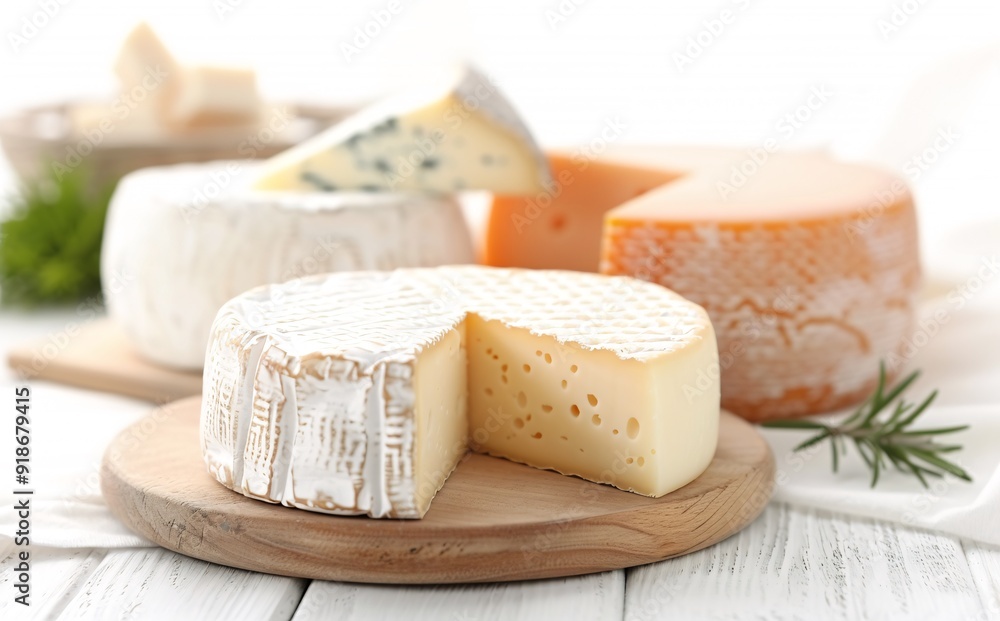 Assorted Gourmet Cheeses on Wooden Board with Fresh Herbs in Natural Light Assorted Gourmet Cheeses on Wooden Board with Fresh Herbs in Natural Light