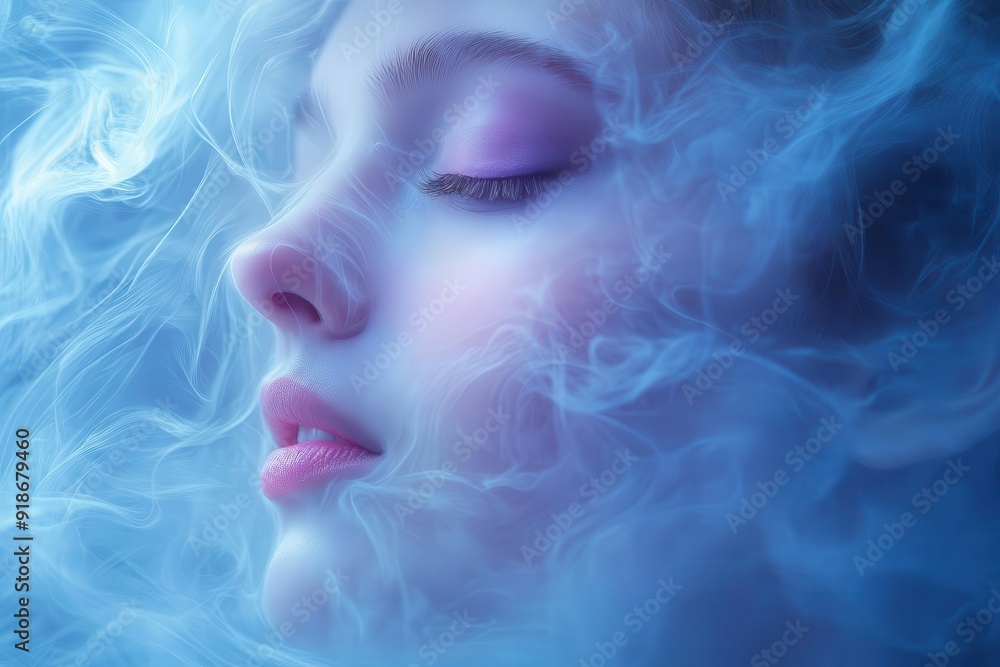 ethereal portrait of a woman enveloped in swirling iridescent mist soft pastel blues and purples blend seamlessly creating a dreamlike atmosphere delicate lighting enhances mystical allure ethereal portrait of a woman enveloped in swirling iridescent mist soft pastel blues and purples blend seamlessly creating a dreamlike atmosphere delicate lighting enhances mystical allure
