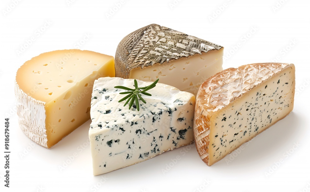 Assorted Artisan Cheeses On White Background Featuring Blue, Gouda, and Brie Assorted Artisan Cheeses On White Background Featuring Blue, Gouda, and Brie
