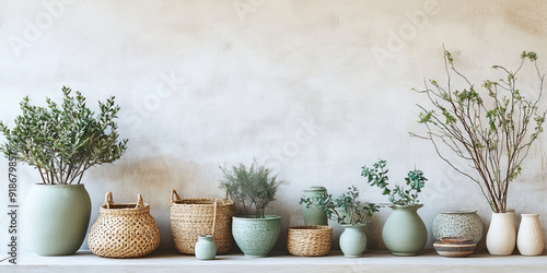 Wallpaper Mural Green Decor Inspiration: A collection of minimalist green home decor items, such as ceramic pots and baskets, on a neutral-colored wall Torontodigital.ca