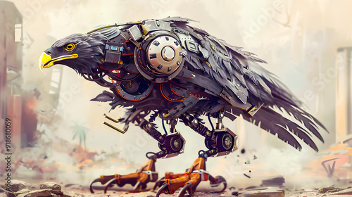 Futuristic robotic eagle inspired mecha creature with mechanical wings and advanced cybernetic features soaring over a dystopian  industrial cityscape  This captivating digital blends technology