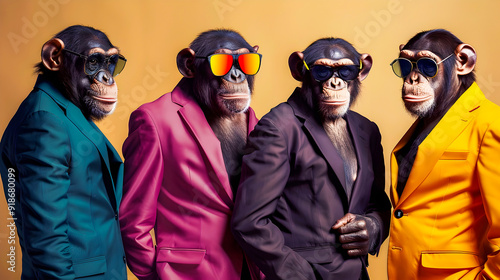Fashionable portrait of a stylish anthropomorphic chimpanzee rock band dressed in vibrant suits and sunglasses posing together in a group photo