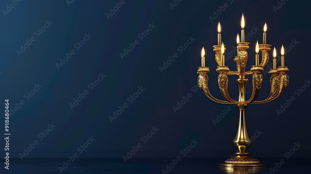 A gold candlestick with seven burning candles against a dark blue background. A gold candlestick with seven burning candles against a dark blue background.