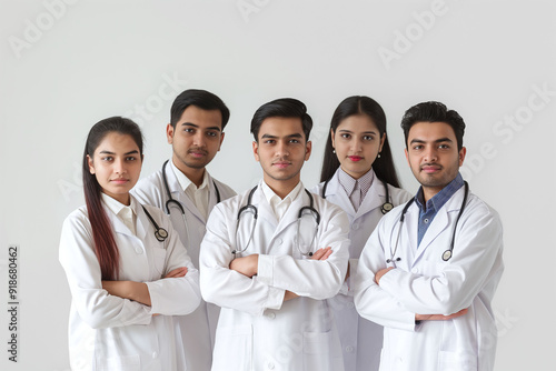A group of five young Indian doctors standing together, looking confident in their white coats and stethoscopes
