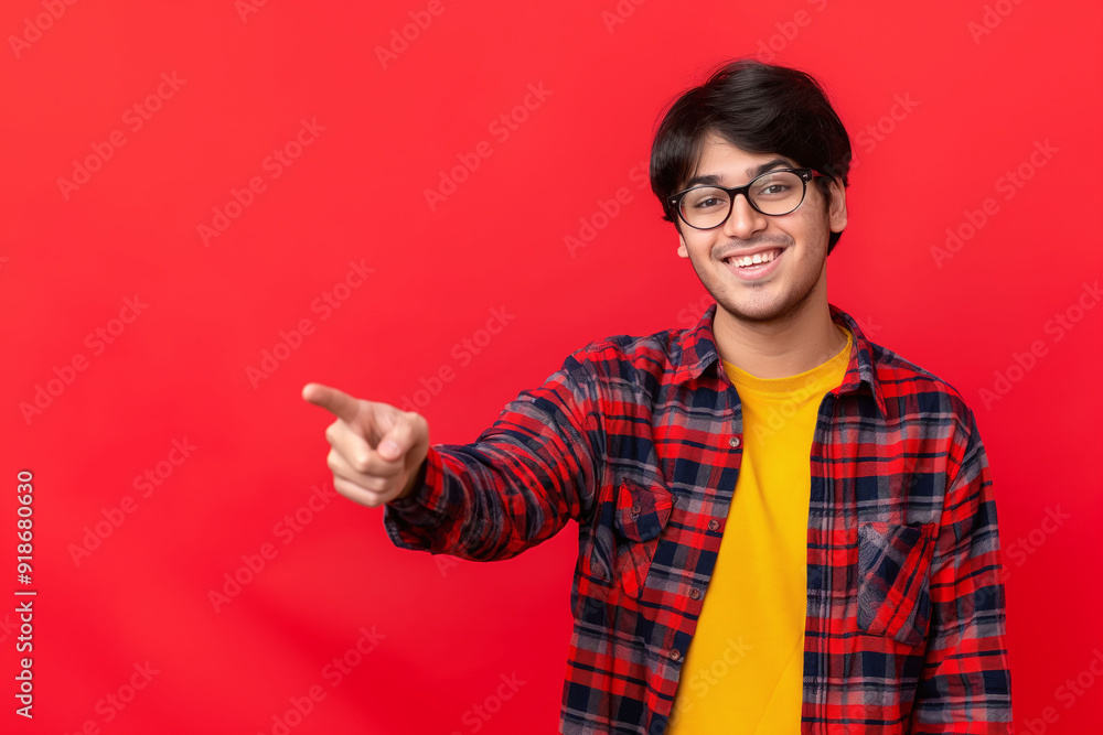 A young man with glasses and a bright smile points forward while wearing a plaid shirt and standing against a vibrant red background A young man with glasses and a bright smile points forward while wearing a plaid shirt and standing against a vibrant red background