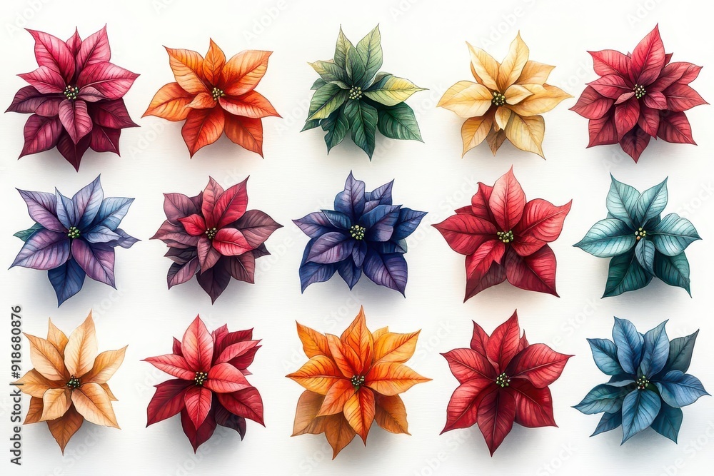 festive flora collection vibrant array of poinsettias in various hues crisp white background highlights intricate details of holiday flowers in botanical illustration style festive flora collection vibrant array of poinsettias in various hues crisp white background highlights intricate details of holiday flowers in botanical illustration style