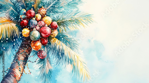 Watercolor illustration of a palm tree adorned with vibrant Christmas ornaments against a bright, sky-blue background, blending tropical and holiday elements.