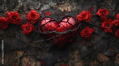 A powerful image of a cracked red heart surrounded by barbed wire and vibrant red roses, symbolizing love and pain.