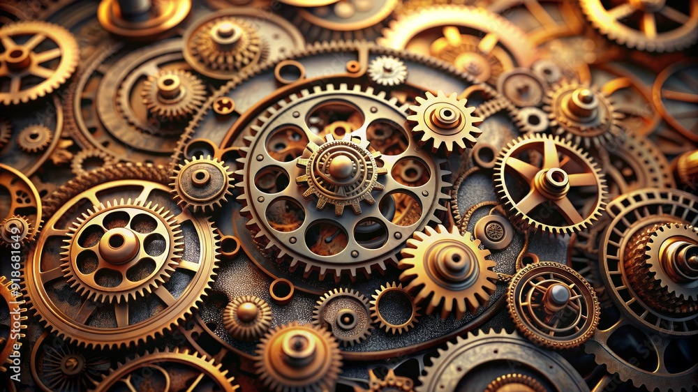 A close up of a large number of gears, some of which are gold A close up of a large number of gears, some of which are gold