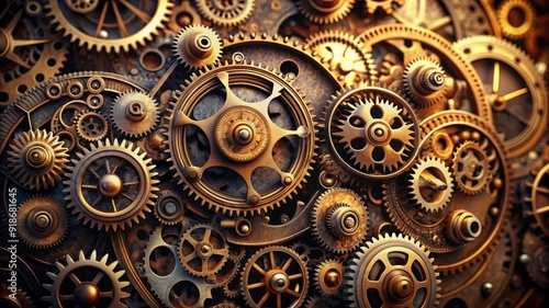 A close up of a large number of gears, some of which are gold