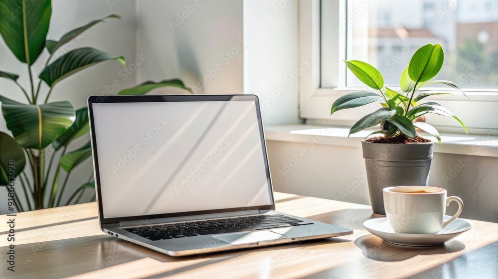 Fototapeta premium A laptop is open on a table next to a potted plant and a cup of coffee