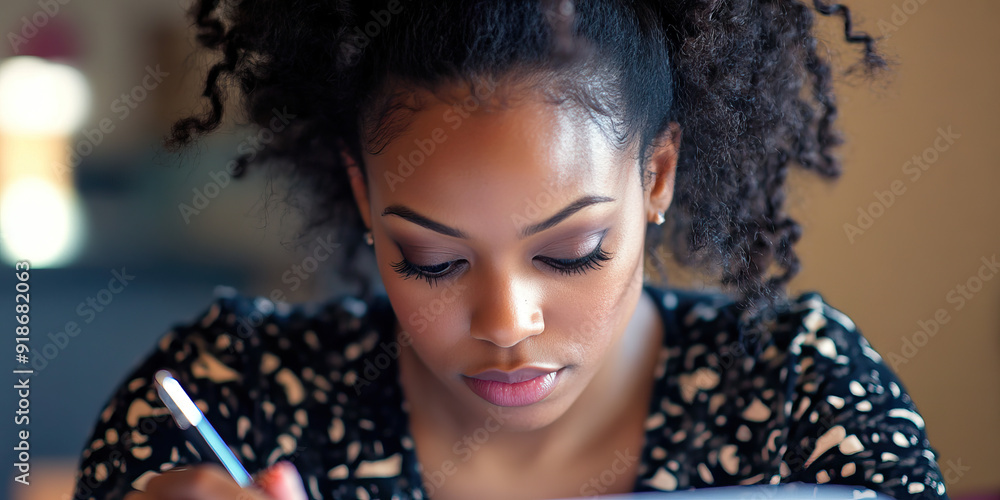 Fototapeta premium Focused Writer: A portrait of a woman, pen in hand, deeply absorbed in her writing