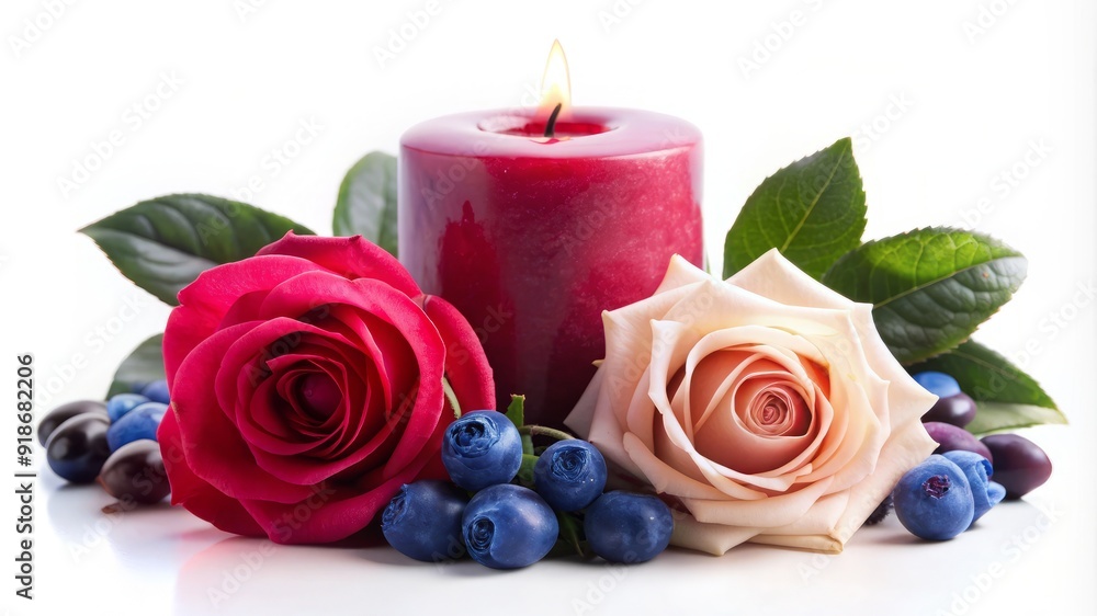 A candle is lit next to a bouquet of roses and blueberries