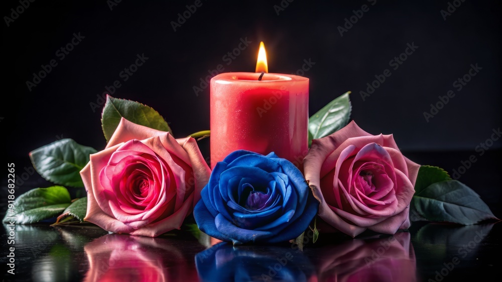 Fototapeta premium A table with three candles and two roses