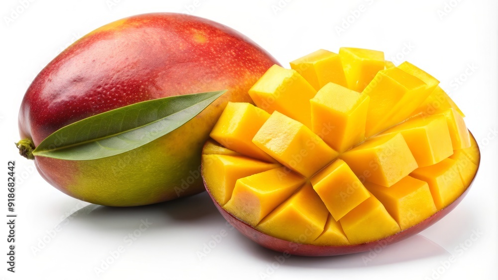 A slice of mango is cut in half and placed on a white background