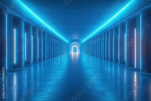 futuristic data center with glowing server racks hightech led displays cool blue lighting sleek minimalist design reflective surfaces sense of vast digital information storage