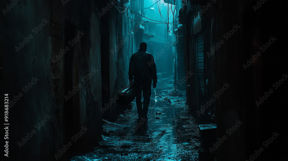 A lone figure walks through a narrow, dark alley at night, with rain-soaked streets and a moody, mysterious atmosphere. A lone figure walks through a narrow, dark alley at night, with rain-soaked streets and a moody, mysterious atmosphere.