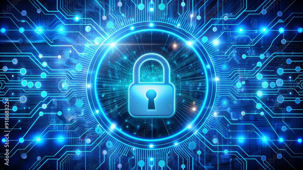 A blue and white image of a key on a lock with a blue background