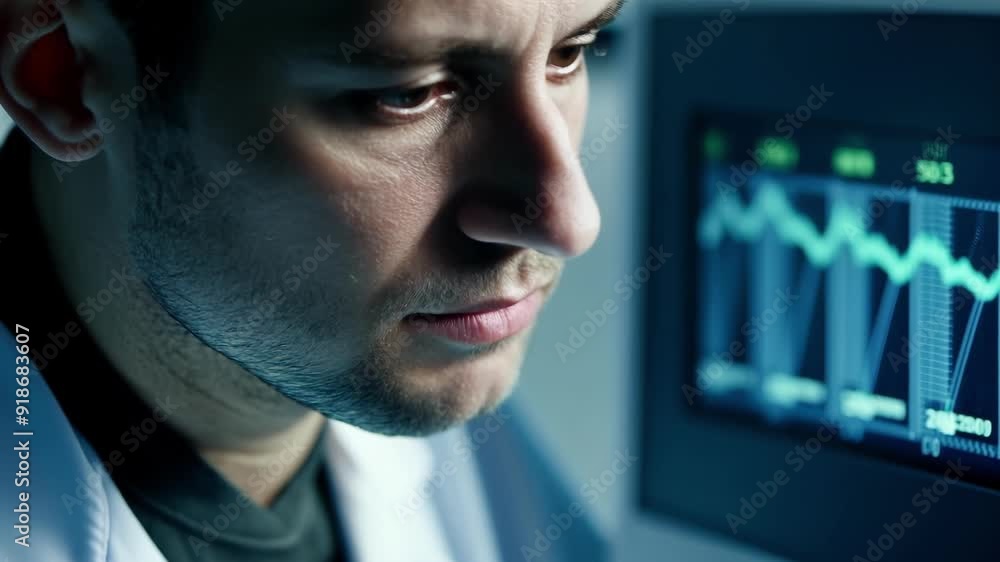 A scientists face lit up by the glowing screen of a DNA sequencing machine. A scientists face lit up by the glowing screen of a DNA sequencing machine.
