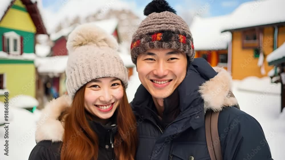 two Asian man and woman couple at night time with Christmas snow town at day time with joy and smile two Asian man and woman couple at night time with Christmas snow town at day time with joy and smile