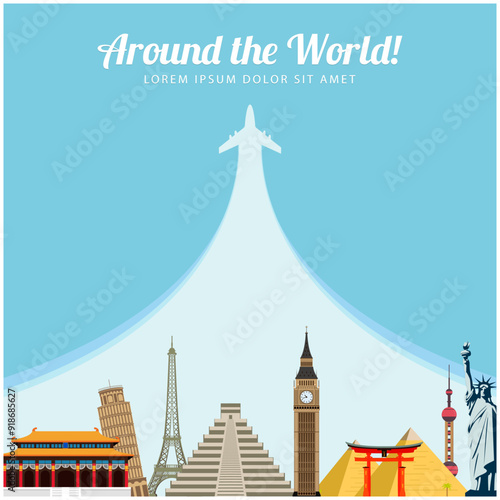 Travel composition with famous world landmarks. Travel and Tourism. Concept website template. Vector illustration.