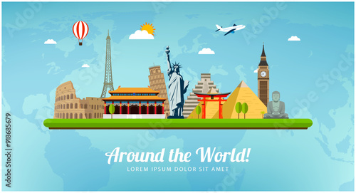Travel composition with famous world landmarks. Travel and Tourism. Concept website template. Vector illustration.