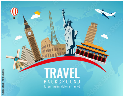 Travel composition with famous world landmarks. Travel and Tourism. Concept website template. Vector illustration.