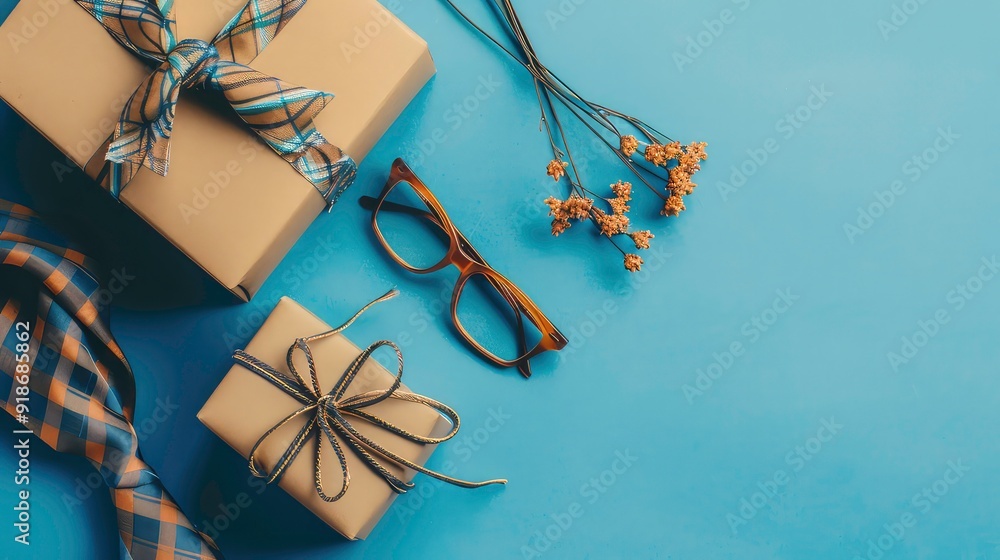 Naklejka premium A flat lay of two wrapped gifts, glasses, and dried flowers on a blue background.
