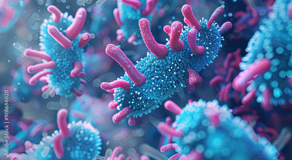 Fototapeta premium Wallpaper photo of blue and pink bacteria with blurred background 3D rendering. For learning science, biology.
