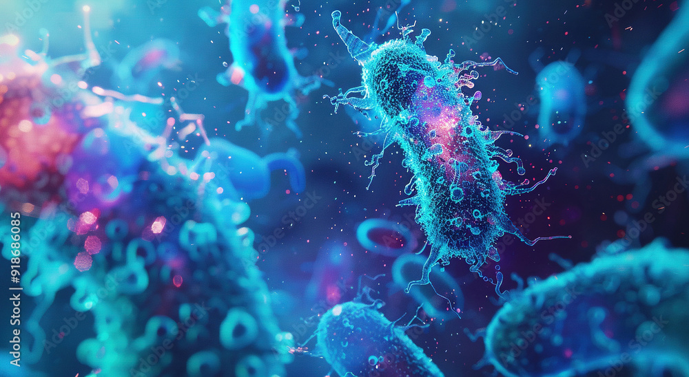 Wallpaper photo of blue and pink bacteria with blurred background 3D rendering. For learning science, biology. Wallpaper photo of blue and pink bacteria with blurred background 3D rendering. For learning science, biology.