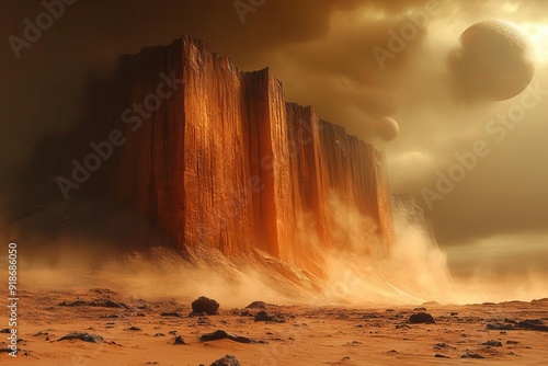 hyperrealistic rendering of mars surface with towering rustred cliffs and swirling dust storms phobos and deimos visible in alien sky casting eerie shadows across barren landscape photo