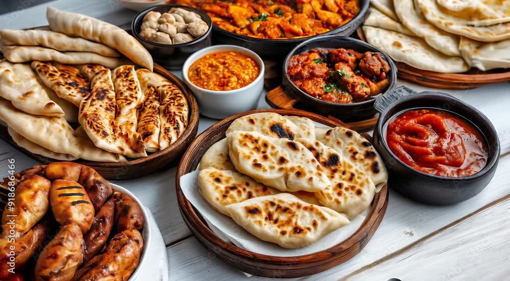 Traditional Indian food Naan and Chicken Tikka with various curries and dips, including roasted vegetables. Presented on wooden plates and bowls. Traditional Indian food Naan and Chicken Tikka with various curries and dips, including roasted vegetables. Presented on wooden plates and bowls.
