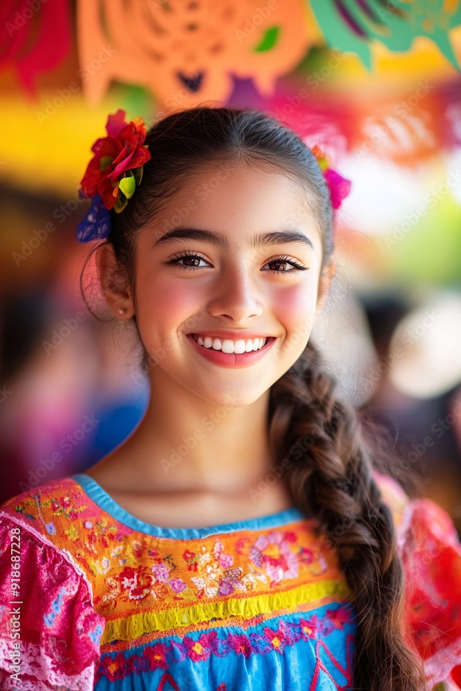 Young Girl in Traditional Dress Smiling at Colorful Outdoor Festival Young Girl in Traditional Dress Smiling at Colorful Outdoor Festival