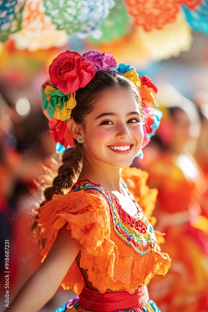 Young Girl Joyfully Dancing at a Vibrant Outdoor Mexican Festival Young Girl Joyfully Dancing at a Vibrant Outdoor Mexican Festival
