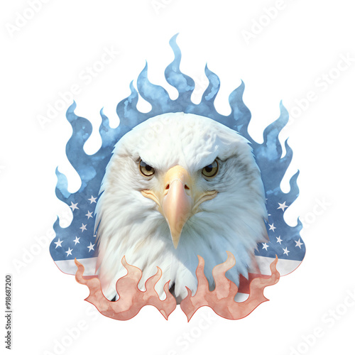 Bald eagle with burning American flag isolated on transparent background. Patriotic concept for 4th of July, Labor Day, Memorial Day. Watercolor illustration for design logo, banner, poster, sticker photo