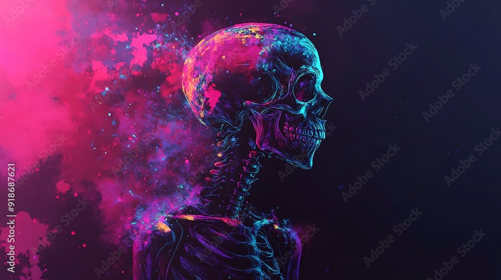 A vibrant digital artwork of a glowing skeleton surrounded by colorful cosmic elements, embodying life and death's contrast. A vibrant digital artwork of a glowing skeleton surrounded by colorful cosmic elements, embodying life and death's contrast.