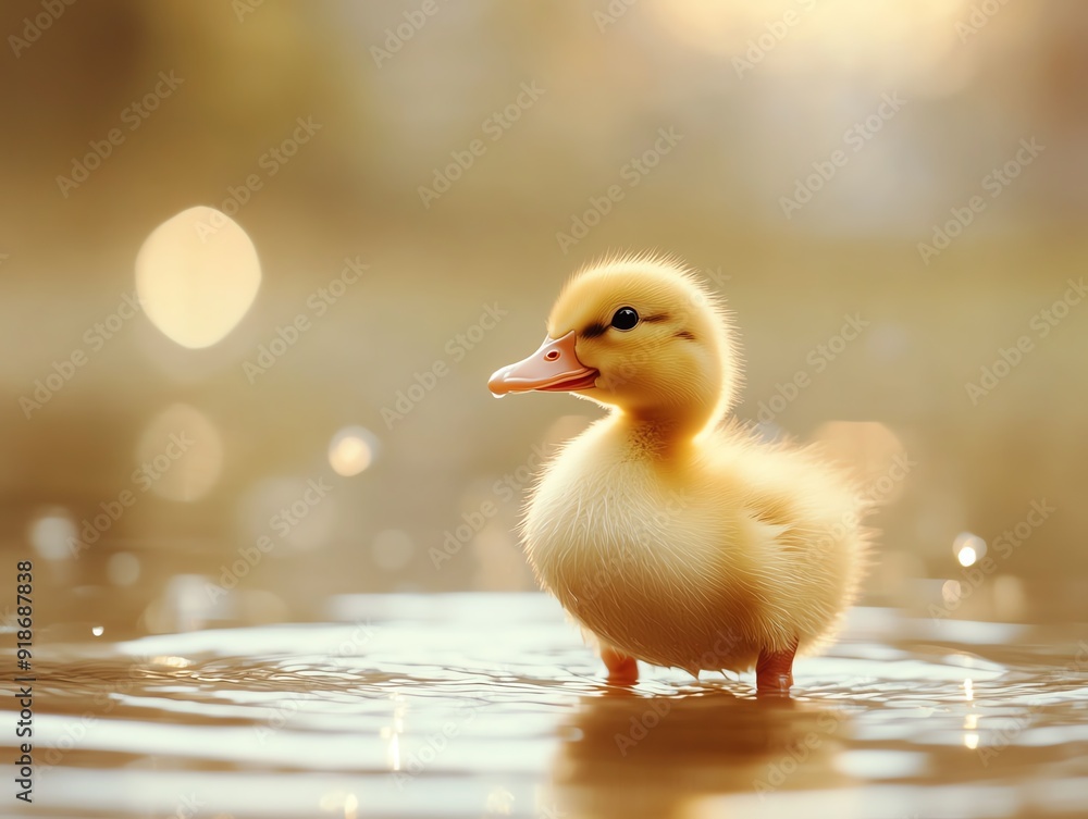 Cute duckling standing in shallow water with soft bokeh background, capturing the essence of nature and the innocence of young wildlife. Cute duckling standing in shallow water with soft bokeh background, capturing the essence of nature and the innocence of young wildlife.