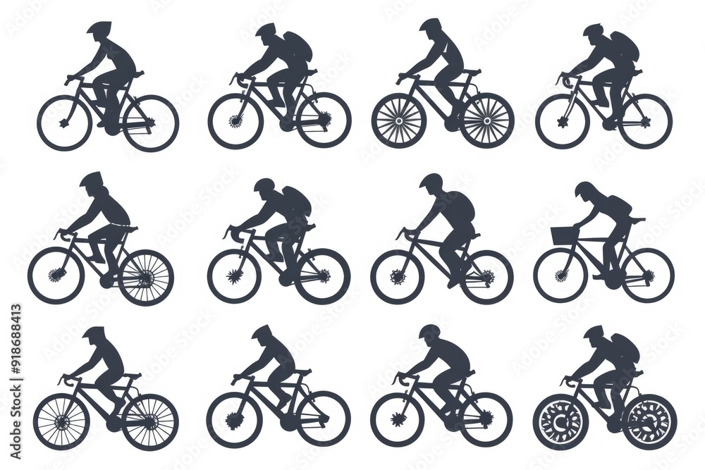 A collection of bicycle riders' silhouettes against a bright background A collection of bicycle riders' silhouettes against a bright background