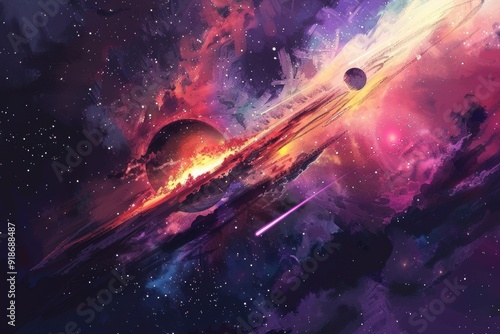 Abstract space painting with vibrant colors and glowing planets