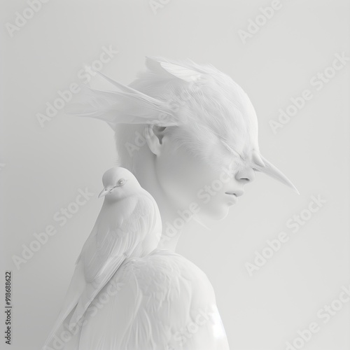 Portrait  of bird sitting on bird woman's shoulder photo