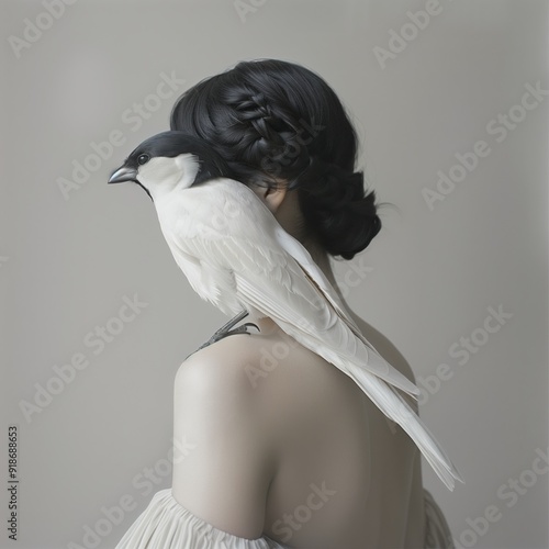 Black and white bird sitting on woman's shoulder
