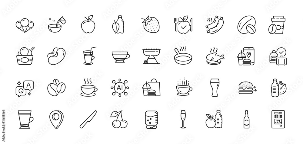 Beans, Beer glass and Grilled sausage line icons pack. AI, Question and Answer, Map pin icons. Soy nut, Fitness water, Cherry web icon. Ice cream, Cappuccino, Vegetarian food pictogram. Vector Beans, Beer glass and Grilled sausage line icons pack. AI, Question and Answer, Map pin icons. Soy nut, Fitness water, Cherry web icon. Ice cream, Cappuccino, Vegetarian food pictogram. Vector